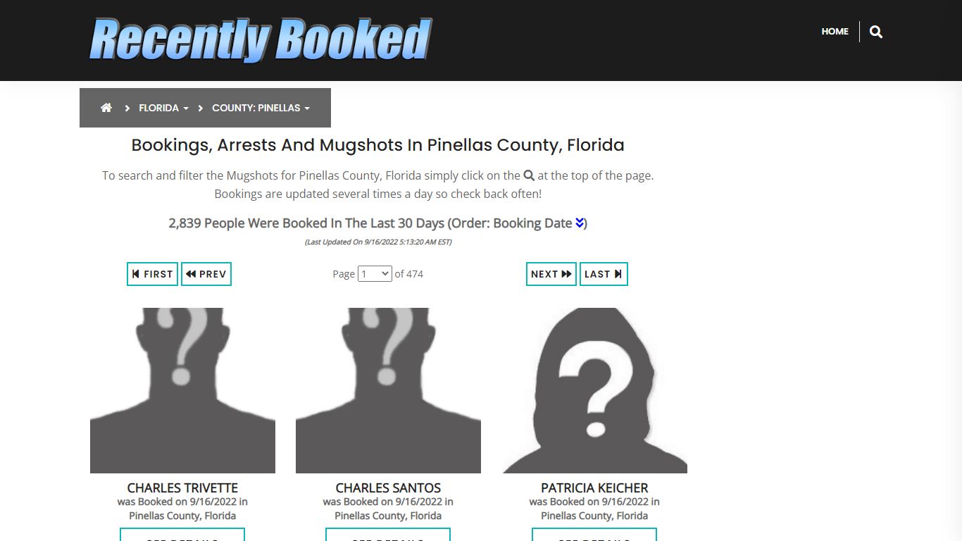 Bookings, Arrests and Mugshots in Pinellas County, Florida